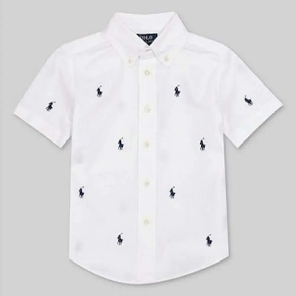 NEW Polo Ralph Lauren Boy White Pony Print Oxford Shirt Button Down Short Sleeve